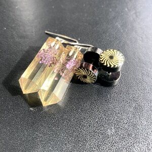 Two Earrings- Suspended Flower Crystal Dangle and Spiral Faux Plug